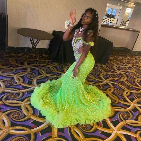 Lime Green Sequin Prom Dress - Picture 1 of 2